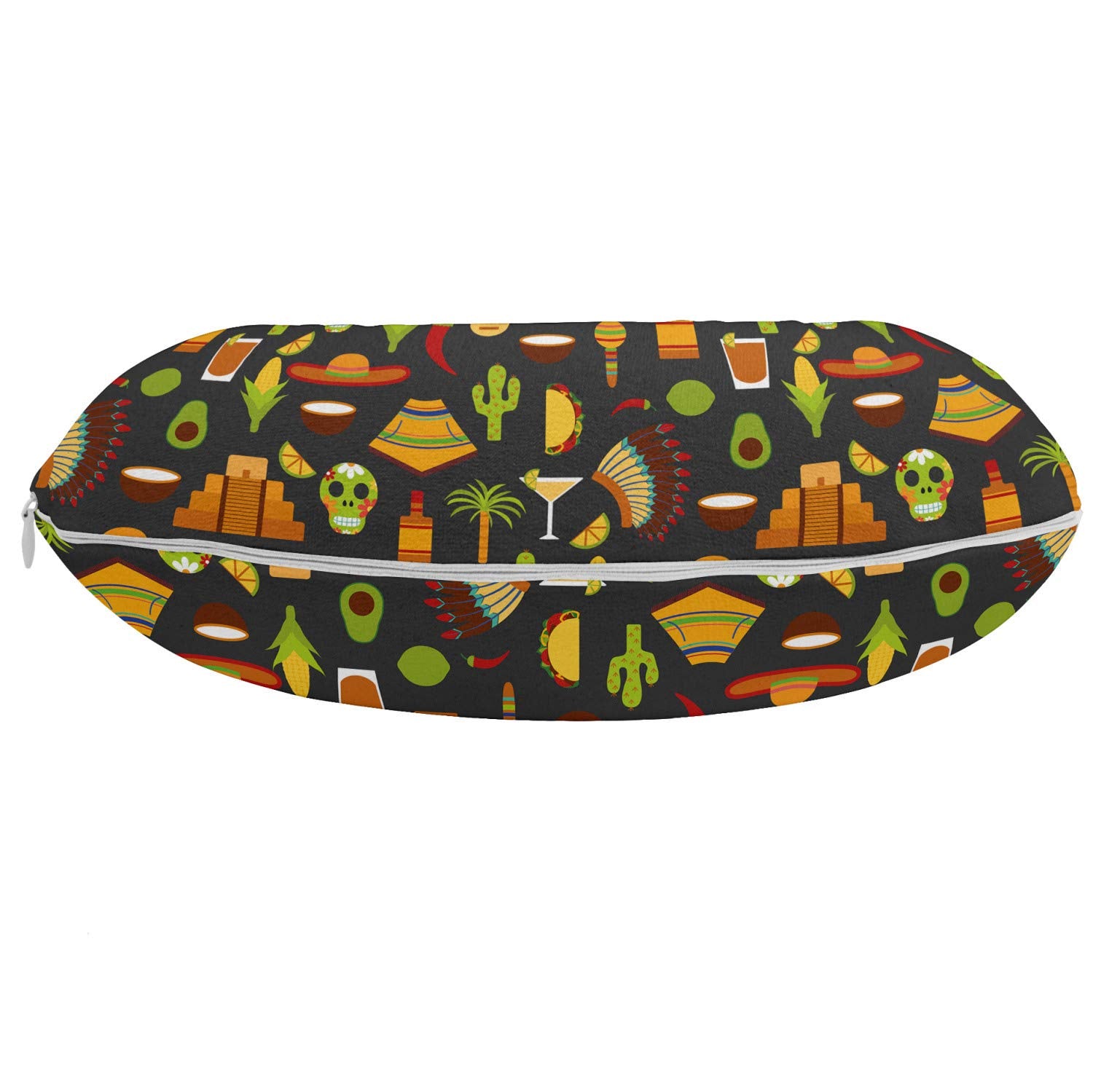 Ambesonne Mexico Travel Pillow Neck Rest, Pattern with Traditional Sombrero Tequila Taco Skull Guitar Cactus, Memory Foam Traveling Accessory for Airplane and Car, 12", Charcoal Grey