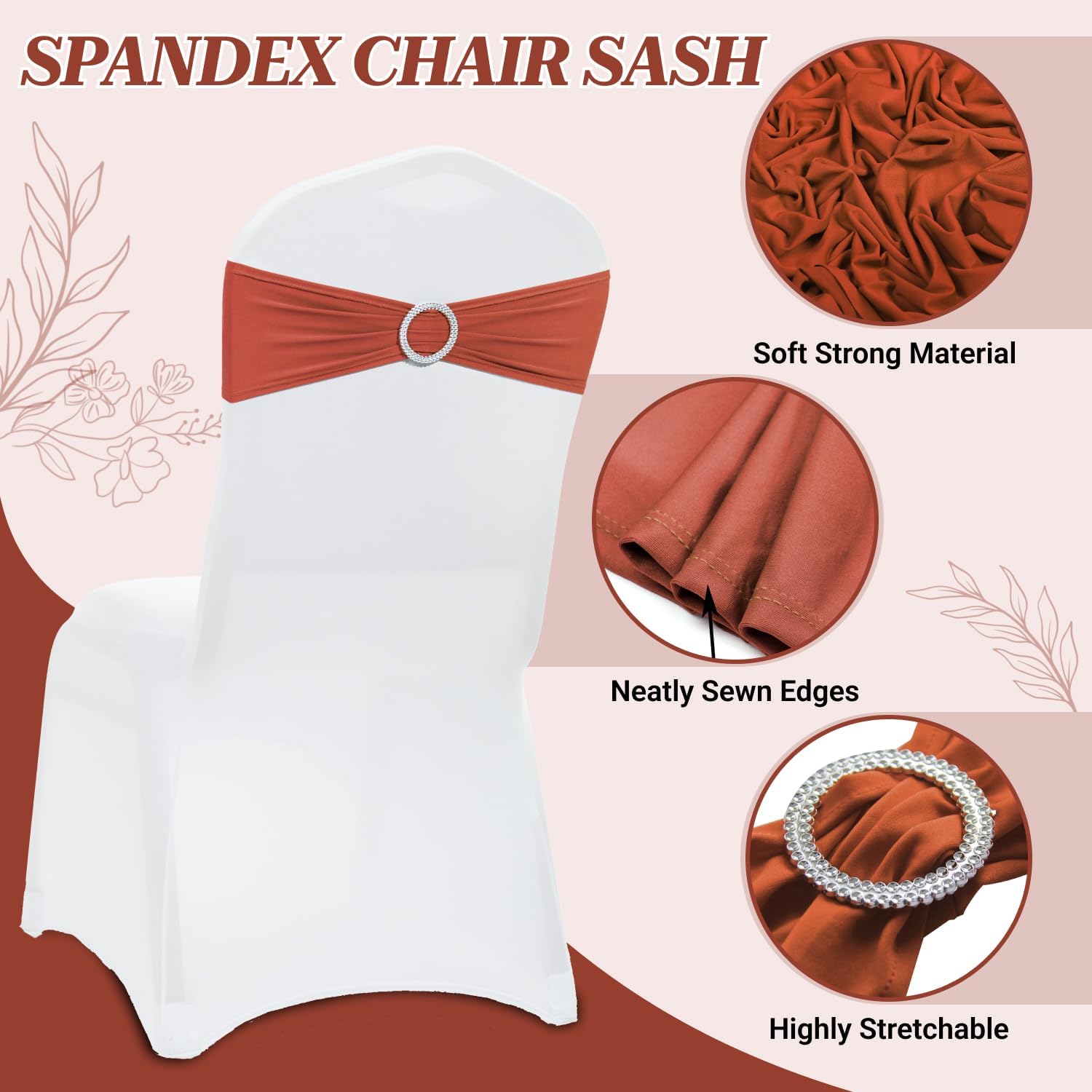 MDS Spandex Chair Sashes - Universal Fit Elastic Stretch Bands with Buckle Slider Bow | Terracotta, Pack of 125