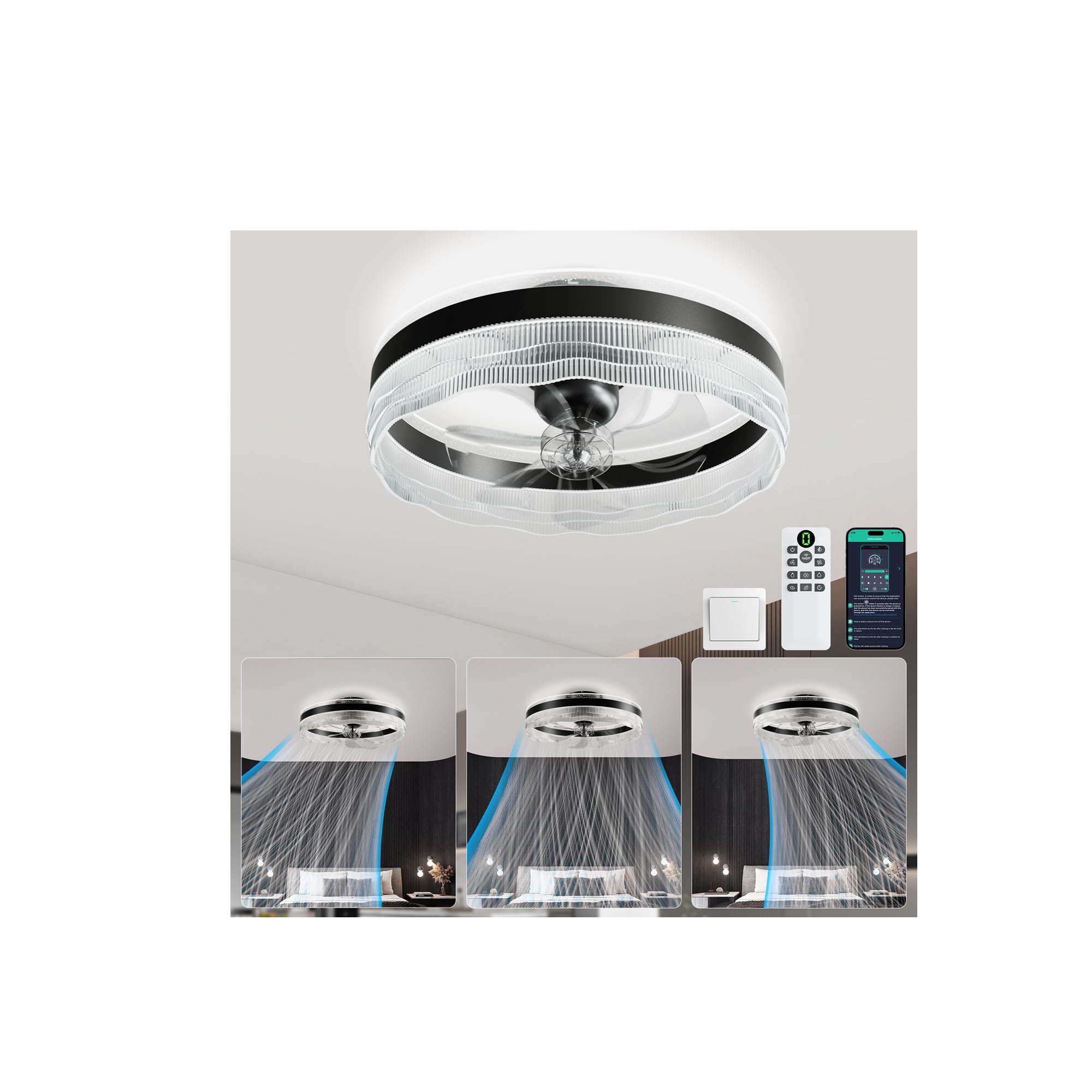 kejector Low Profile Ceiling Fan with Light,20 Inch Fandelier Ceiling Fans with Lights and Remote App Control,360°Oscillation Bladeless Flush Mount LED Fan Light for Bedroom Living Dining Room