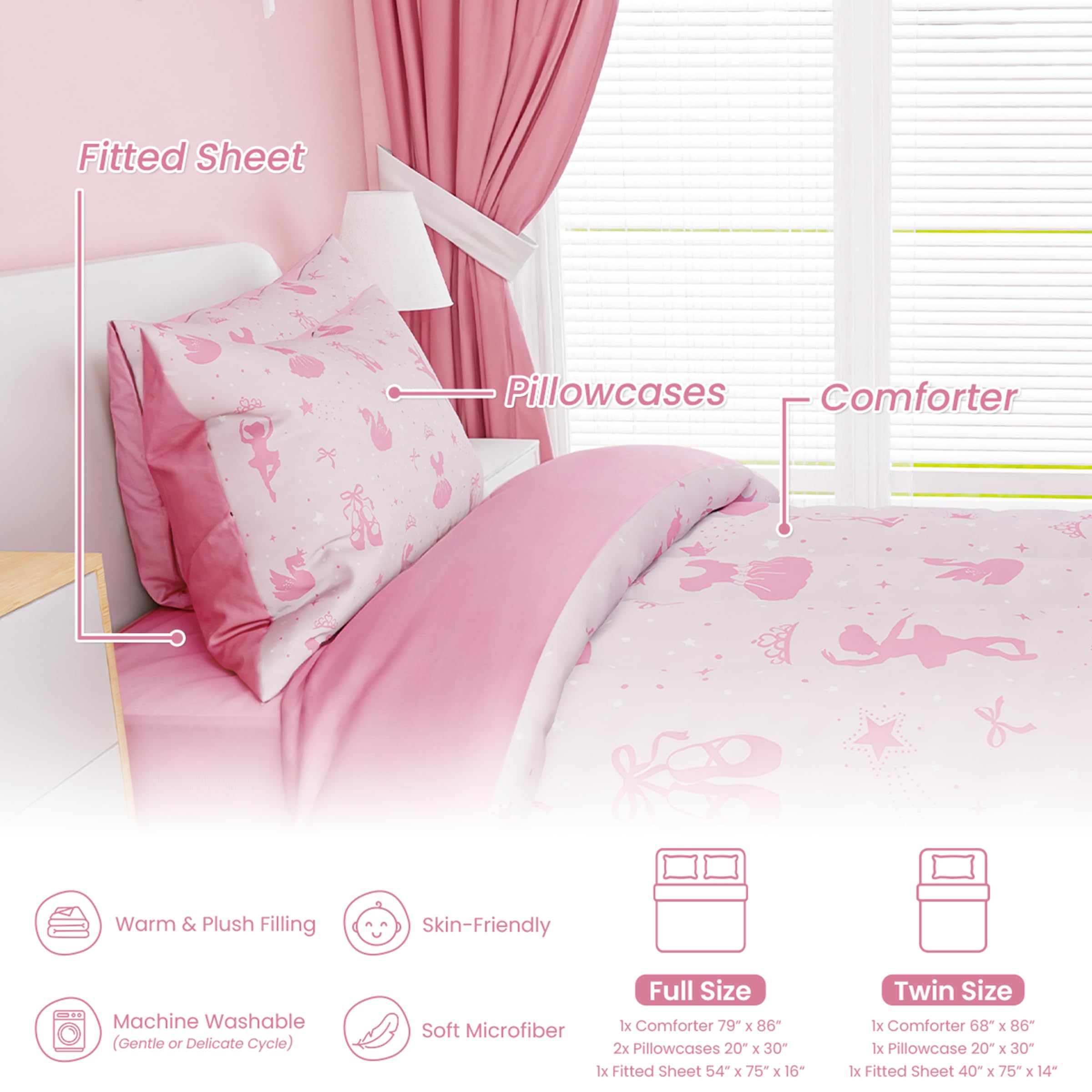 SANDJEST Ballerina Comforter Set Full Size 98x86in for Kids Girls, Microfiber 4 Pcs Bedding Set Includes 1 Comforter, 2 Pillowcases, 1 Fitted Sheet, Nursery Room Decor