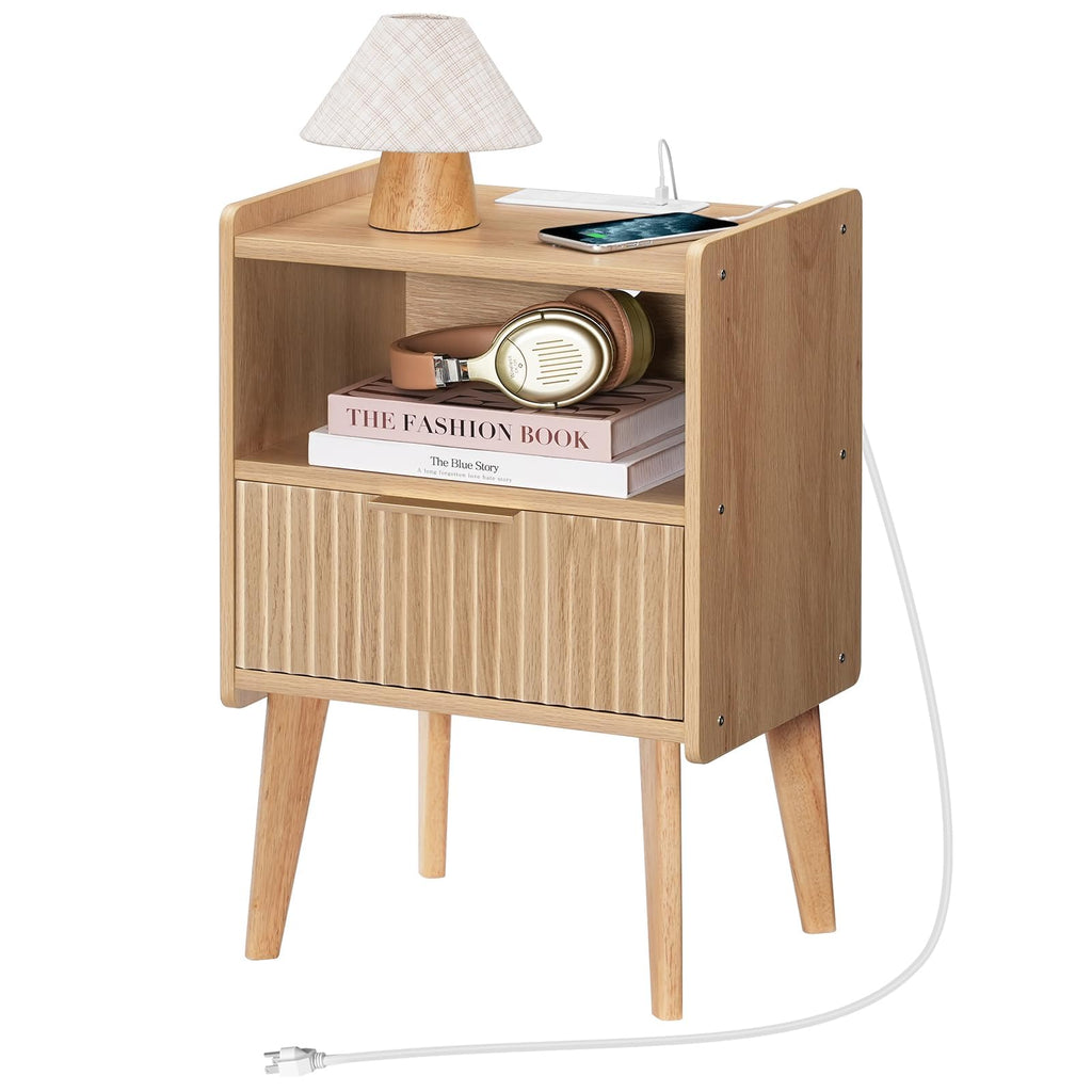 MAHANCRIS Natural Nightstand with Charging Station, Modern Bedside Table with Drawer and Storage Shelf, End Side Table with Solid Wood Legs, Night Stand, Living Room, Bedroom, Small Space, ETNA61E01