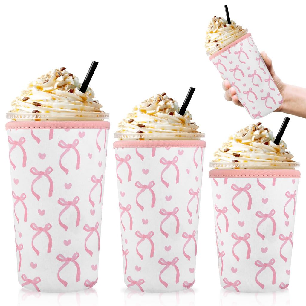 SiliFine 3 Pack Reusable Iced Coffee Cup Sleeve Insulated Neoprene Cup Holder for Iced & Hot Drinks Pink Coquette Bow Coffee Sleeve for Cold Beverages(Bow and Heart)