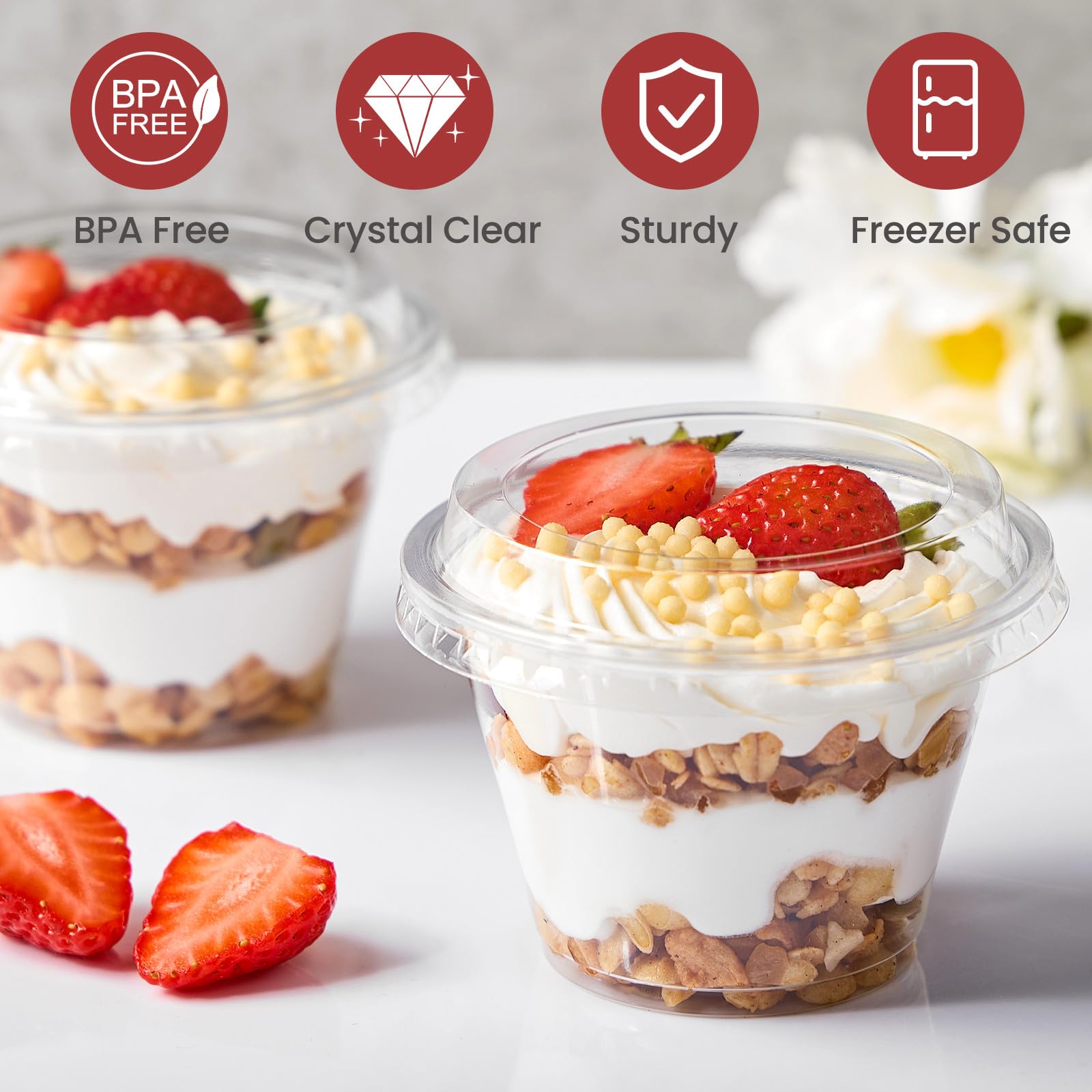 Jycnolm 50 Pack 6 oz Plastic Dessert Cups with Lids, Small Plastic Yogurt Parfait Cups, Mini Round Party Serving Cup for Pudding, Fruit, Cake, Appetizer, Dessert Shot Glasses