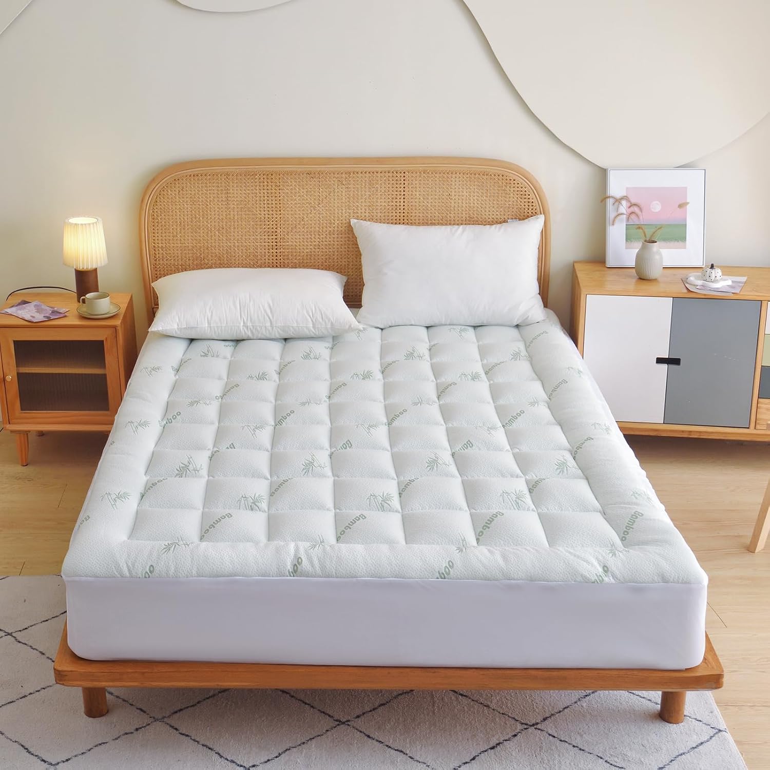 Skiennix Mattress Topper - Ultra Soft Bamboo Viscose Pad for Back Pain Relief | Queen Size, Deep Pocket Fits 8-21 Inches