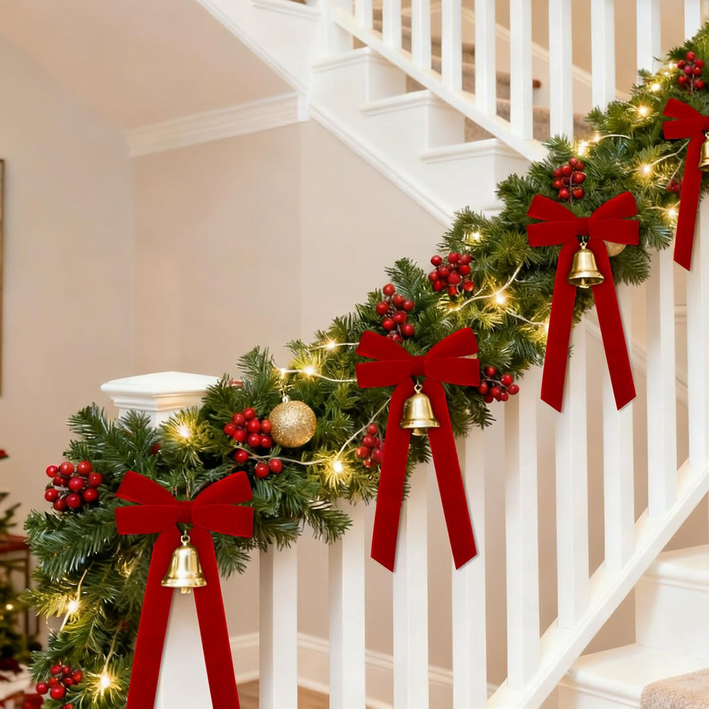 Regine Switzerland 12Pcs Red Velvet Ribbon Bows - 5in X 10in Christmas Tree & Wreath Decorations | Rustic Holiday Decor