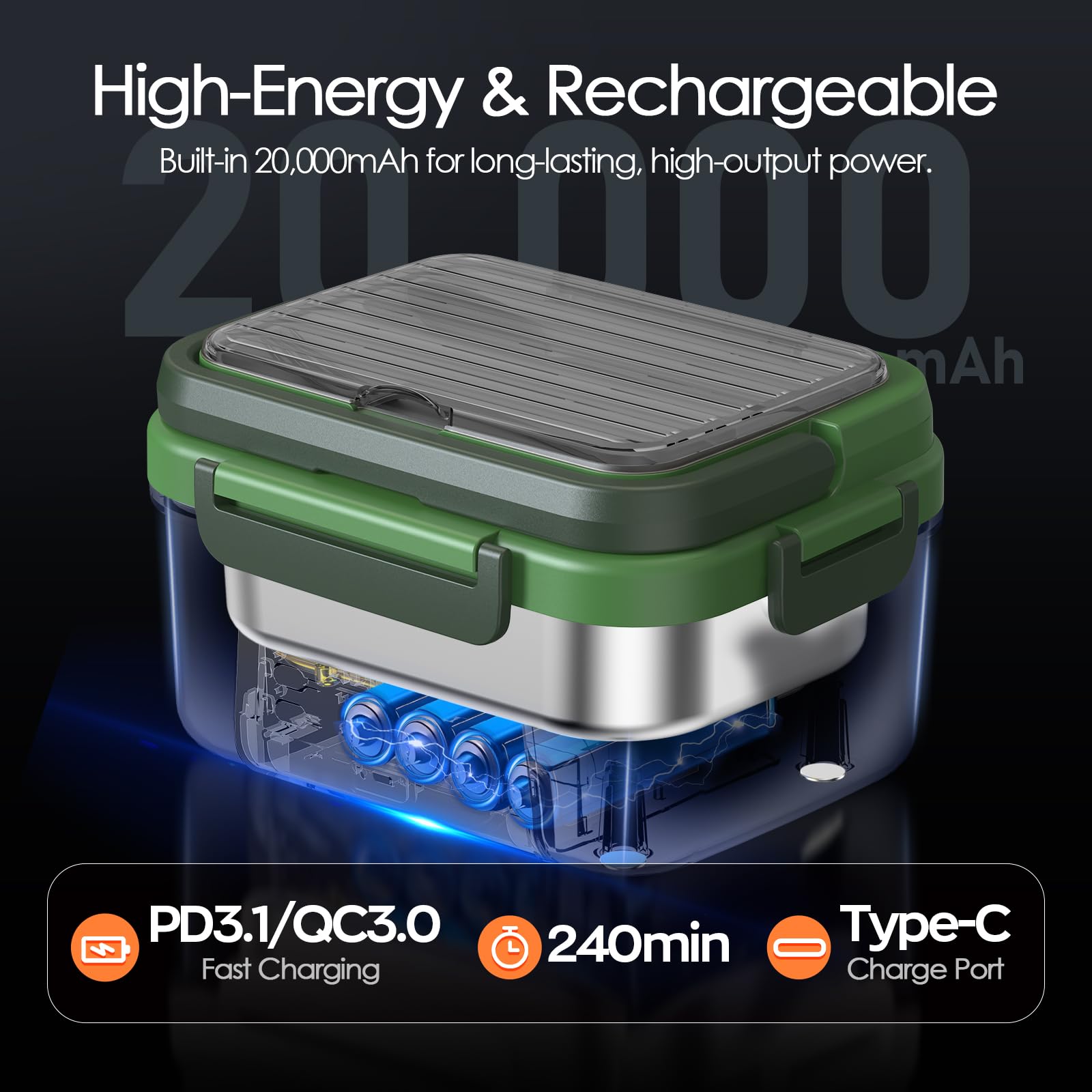 Odopok Cordless Electric Lunch Box, 6.3 Cup 100W Heated Lunch Box with 20000mAH Battery Powered for Self Heating, Including Fork Spoon and Insulated Bag for Men Women Adults, BPA Free(Dark Green)
