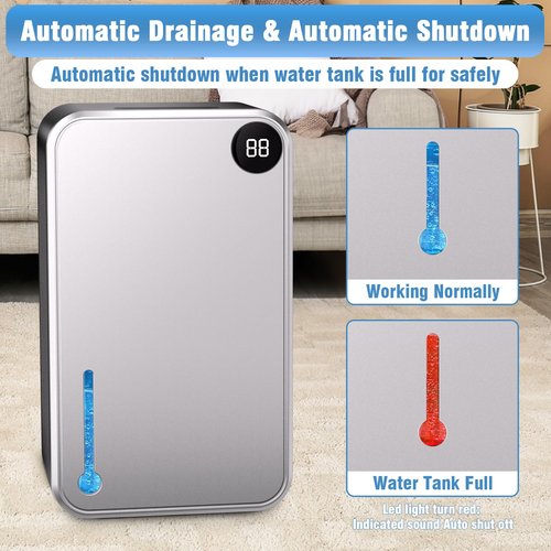 Dehumidifier, Small Dehumidifiers Quiet with Auto Shut Off, Humidity Display Dehumidifier for Bedroom/Bathroom, Timer, Drain Hose, 7-color LED light, Moisture Absorbers (Grey)