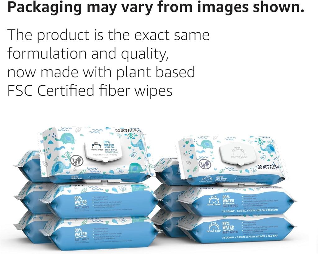 Mama Bear 99% Water Baby Wipes - Hypoallergenic & Fragrance-Free | 72 Count Pack of 6