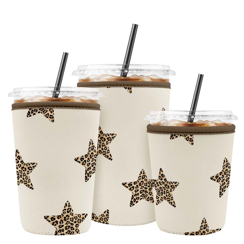 Puresora Iced Coffee Sleeve Reusable Cup Sleeves for Cold Drinks Neoprene Plastic Cup Covers for Drinks, Stars Leopard