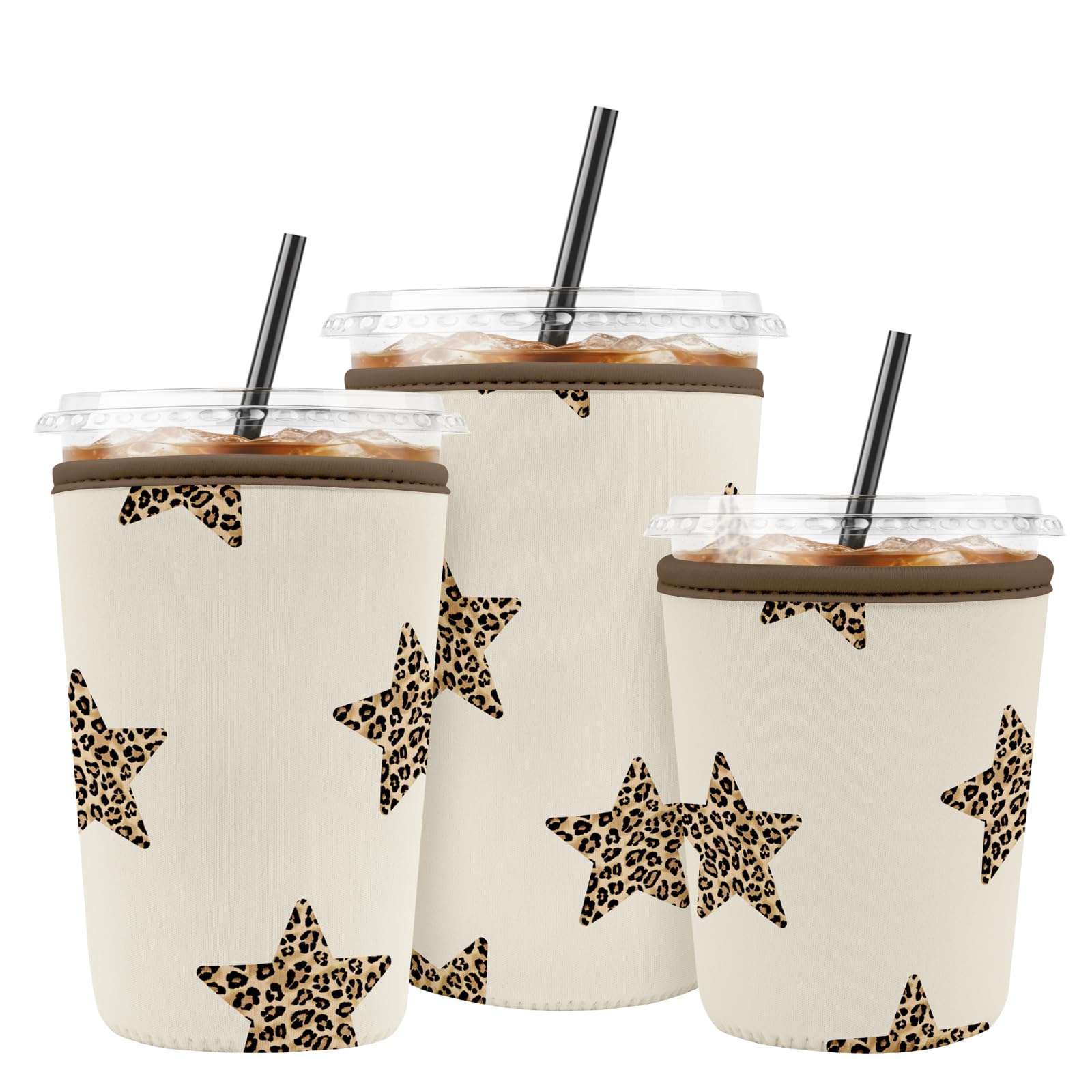Puresora Iced Coffee Sleeve Reusable Cup Sleeves for Cold Drinks Neoprene Plastic Cup Covers for Drinks, Stars Leopard