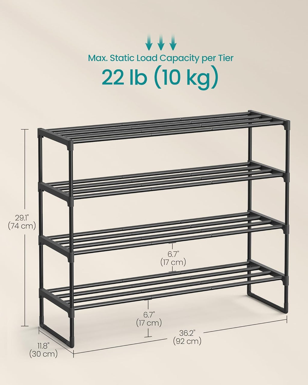 SONGMICS 4-Tier Shoe Rack - Stackable Metal Organizer for 20-25 Pairs | Black, 11.8 x 36.2 x 29.1 Inches