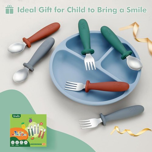 DRKIO Toddler Utensils Set - 6-Piece Kids Silverware with Silicone Handles | Safe 18/8 Stainless Steel