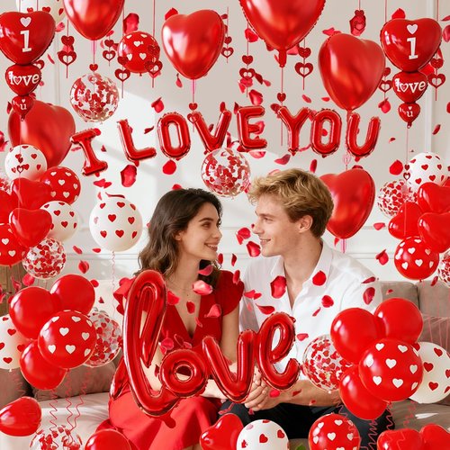 1126PCS Red Valentines Day Decorations Set, Red Heart Balloons and Love Foil Balloon,I LOVE YOU Banner,1000 Fake Rose Petals,Heart Balloon Hanging Pendant for Wedding Decor Anniversary Decorations