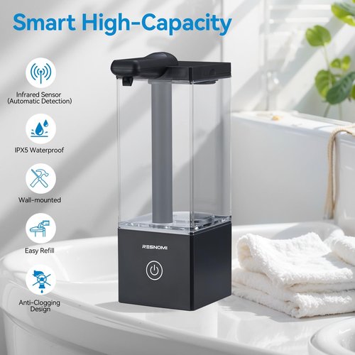 Automatic Soap Dispenser Touchless, Hand Soap Dispenser, 16.5oz/490mL Transparent Reservoir Wall Mount, Type-C Rechargeable, 3-Level Adjustable, Water-Resistant for Bathroom,Kitchen,Office, Black