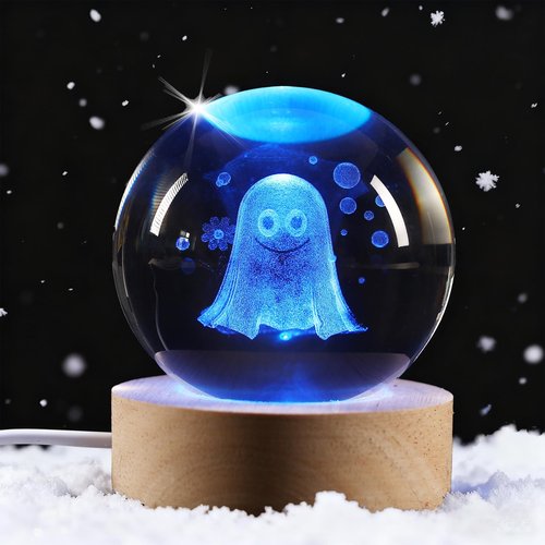 YummyCarrot 3D K9 Ghost Crystal Ball Night Light,2.36inch Smiling Spooky Ghost Crystal Lamp with Wooden Base for Birthday Gift, Birthday Lamp, Birthday Decor