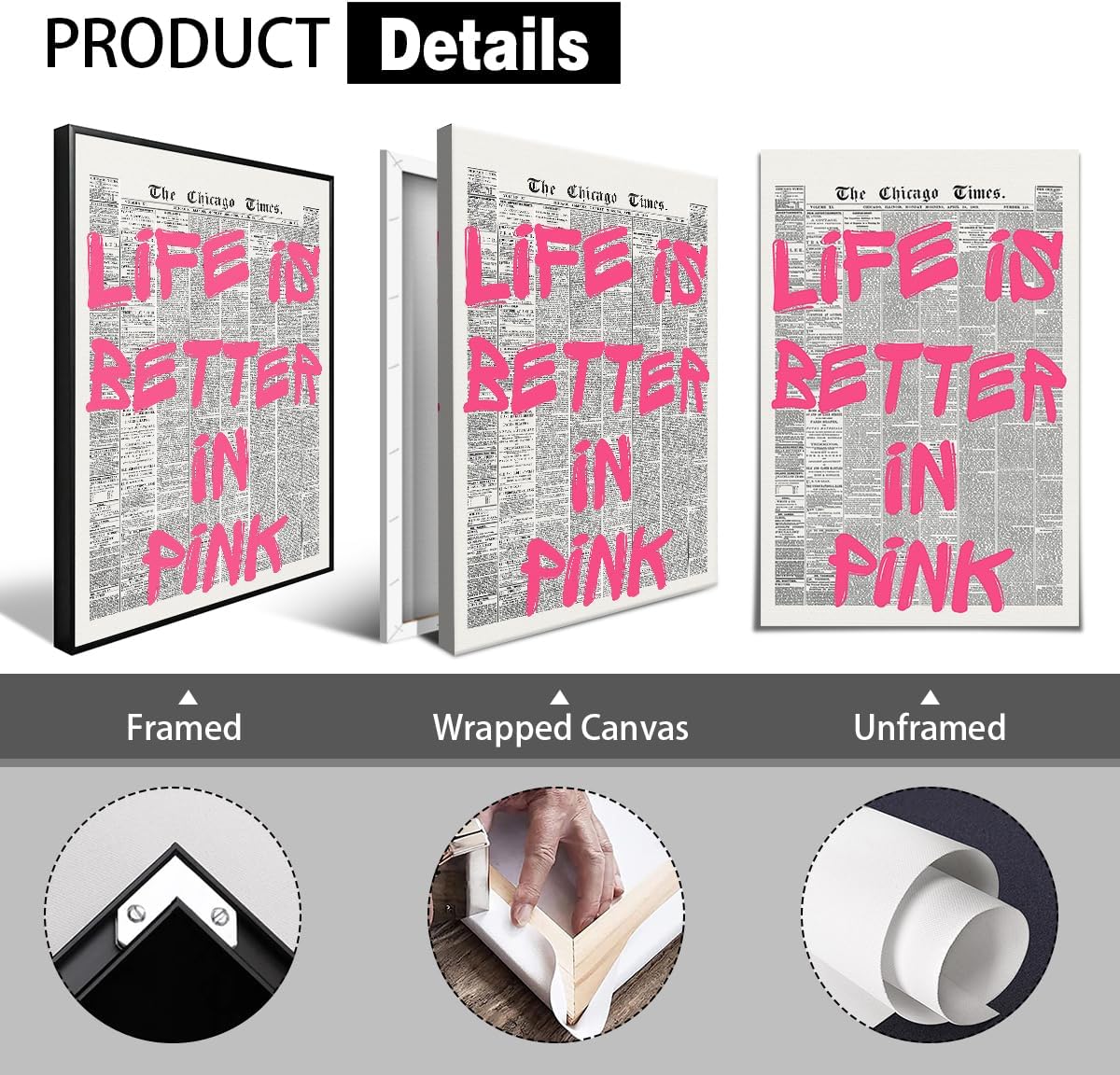 OAOPIC Life Is Better In Pink Quote Poster - Vintage Black & White Canvas Wall Art | Motivational 8x12in Unframed Decor