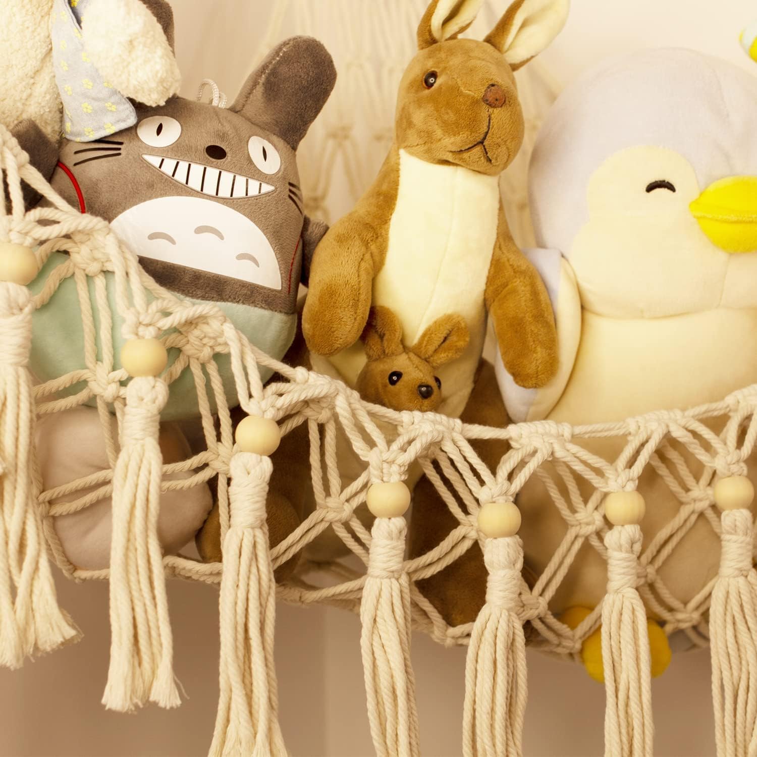 Skiennix Stuffed Animal Toy Storage Hammock with LED Light | Jumbo Macrame Plushie Organizer for Kids' Room Decor