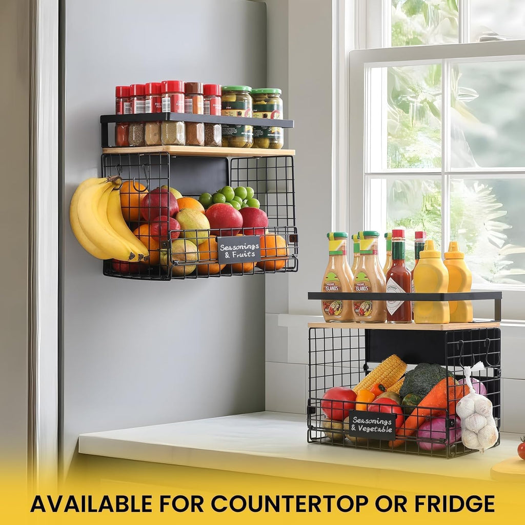 WIDER SHELF Magnetic Shelf Basket Set - XXL Large Bamboo Top Spice Rack for Fridge & Pantry Storage
