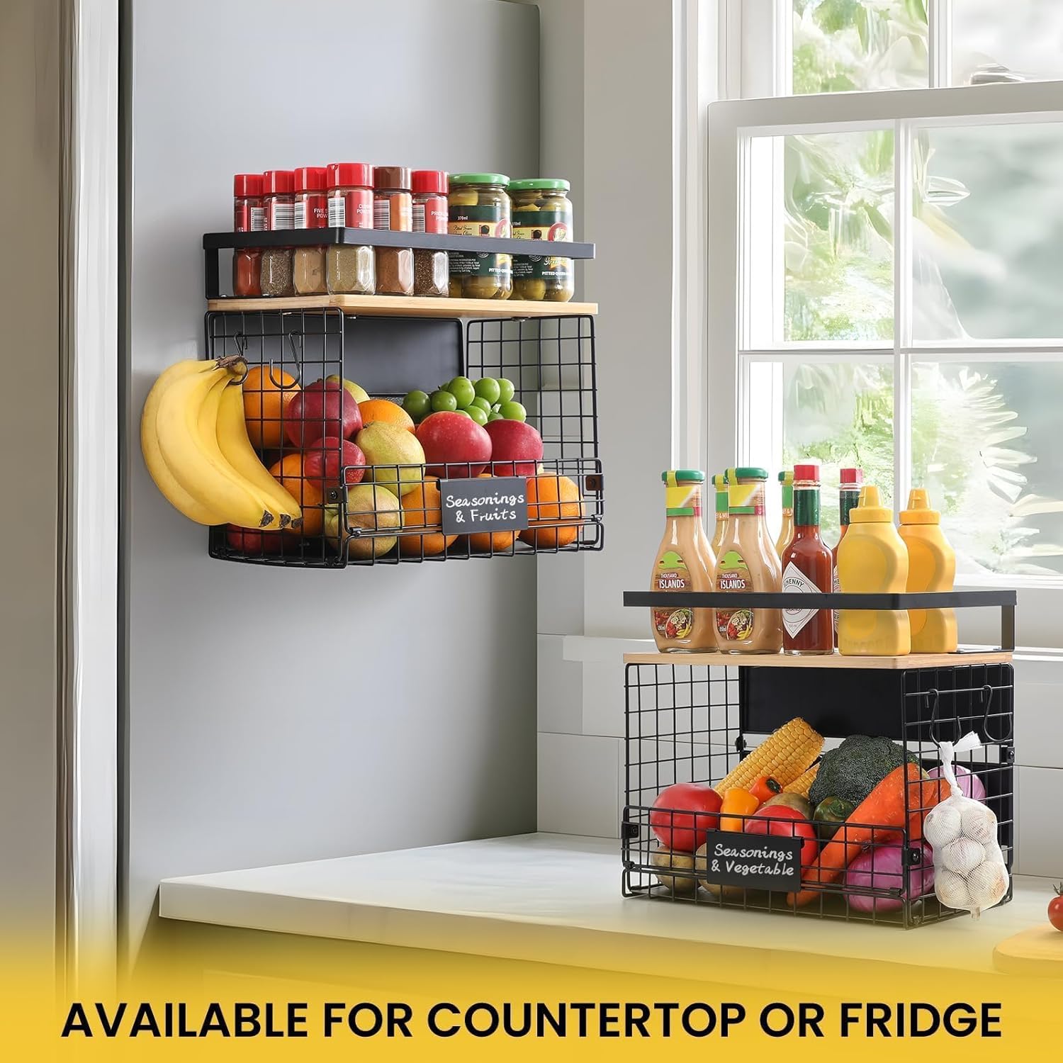 WIDER SHELF Magnetic Shelf Basket Set - XXL Large Bamboo Top Spice Rack for Fridge & Pantry Storage