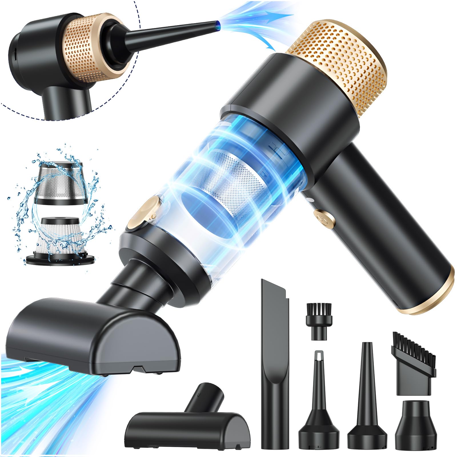 Dealswin Handheld Vacuum Cleaner Cordless, 4 in 1 Car Vacuum Cleaner Portable Air Duster with LED Light Multi-Nozzles 15000Pa Hand held Vacuum for Car Home Office Pet (Black)