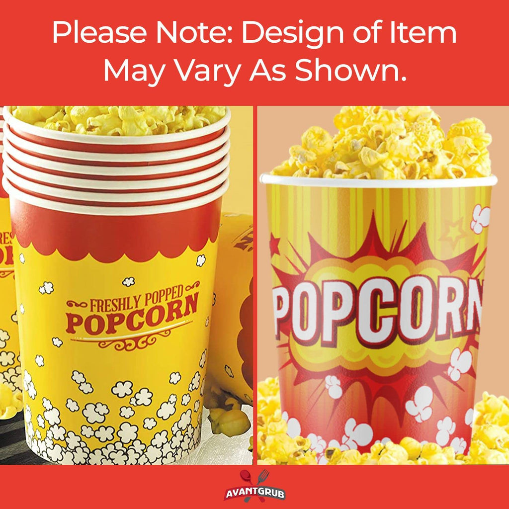 Leakproof, Super Durable 32oz Popcorn Cups 100 Pack. Grease-Proof Disposable Pop Corn Tubs With Cool Design Are the Ultimate Movie Theater Accessory. Large Containers Great for Any Party or Event