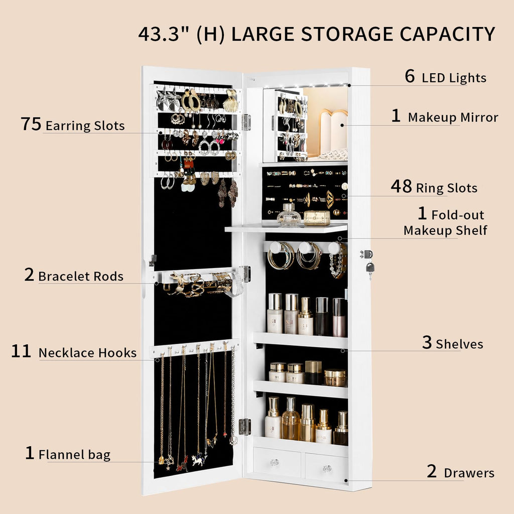 JOYUSAEN Over the Door Jewelry Organizer, Wall Mounted Jewelry Cabinet, Hanging Mirror with Storage Box, Wall/Door Mounted Full Length Mirror with LED