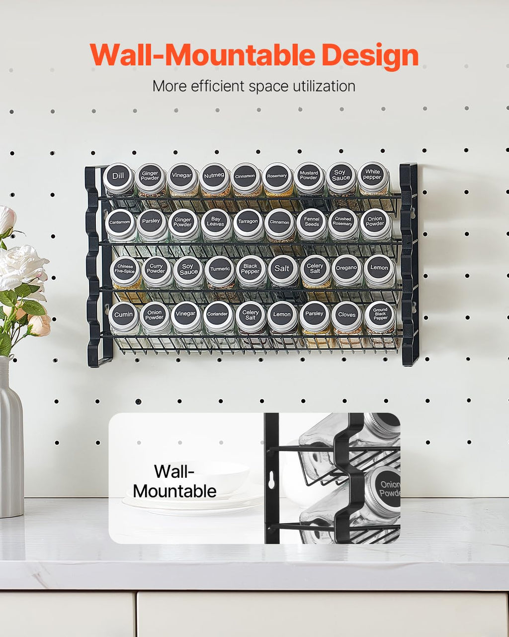VEVOR Spice Rack Organizer for Cabinet, Spice Organizer with 36 Empty Spice Jars, Lids, Spice Labels, and Funnel Complete Set, Seasoning Organizer for Countertop, Kitchen, Pantry, Cupboard, 18x11 in