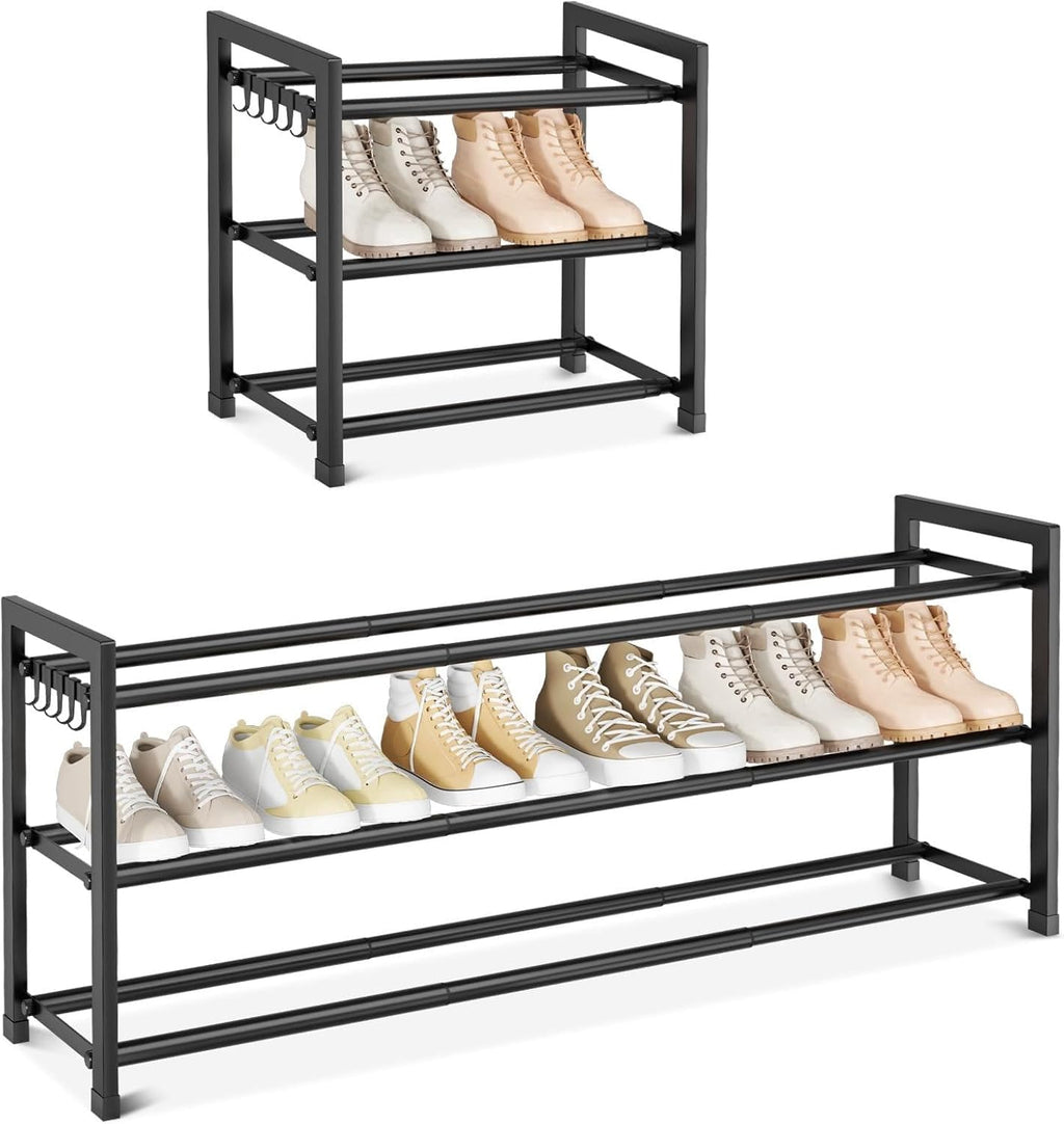 Skiennix Expandable Shoe Rack - Adjustable 3-Tier Organizer for 18 Pairs | Sturdy Metal Storage in Black