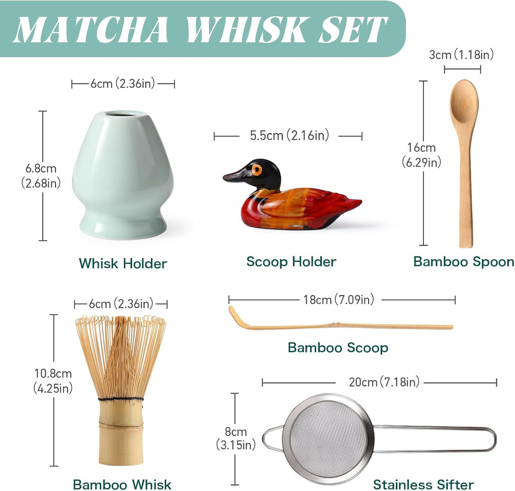Skiennix Matcha Whisk Set - Complete 6-Piece Kit with Bamboo Whisk, Ceramic Holder & Sifter