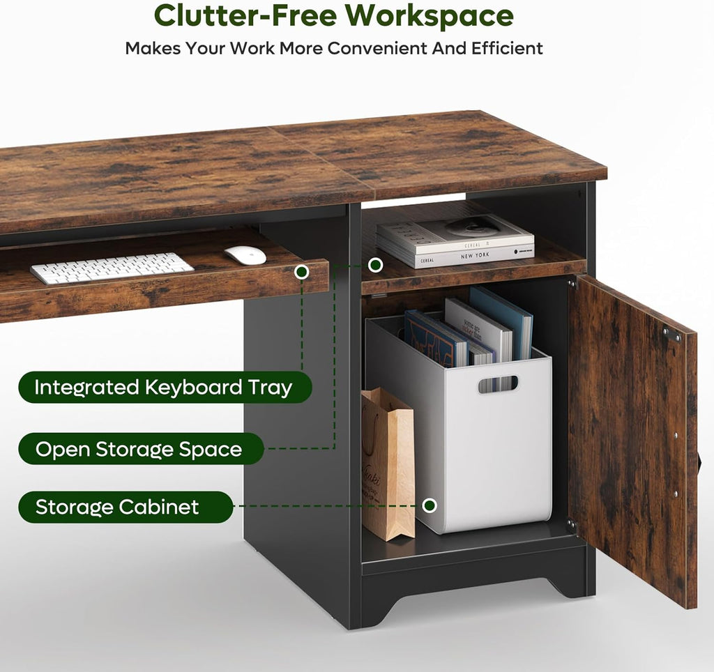 Bestier Office Desk - 47 Inch Industrial Computer Desk with Keyboard Tray & File Cabinet | Rustic Brown