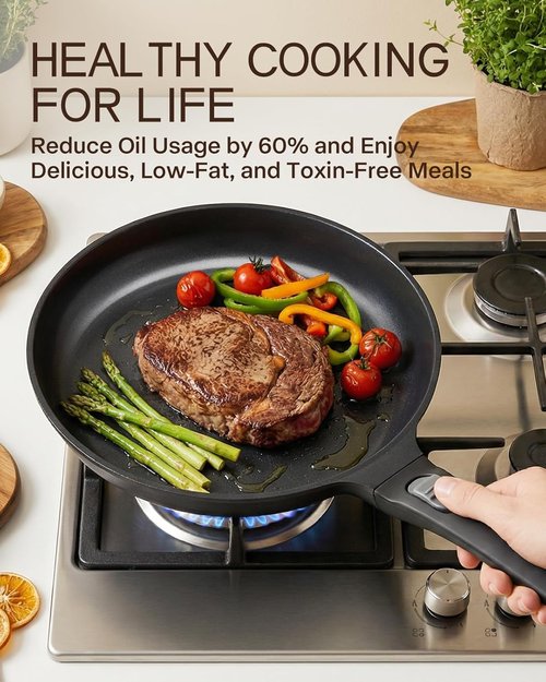USELUCK 9.5 Inch Nonstick Frying Pan with Detachable Handle, Non Toxic Ceramic Skillet for Cooking, Induction Cookware with Removable Handle, Dishwasher & Oven Safe, PFAS PFOA & PTFE Free, Black
