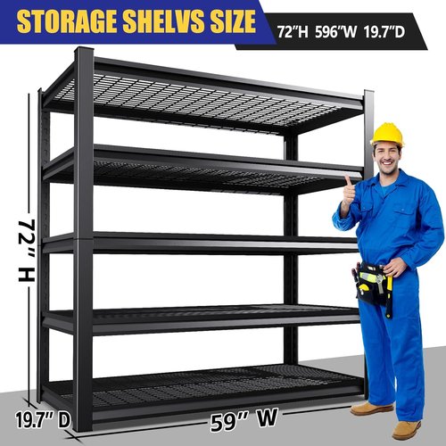 Garage Shelving | Heavy-Duty 5-Tier Metal Storage Unit - 3500 lbs Capacity, Adjustable, Black - 72"x59"x20"