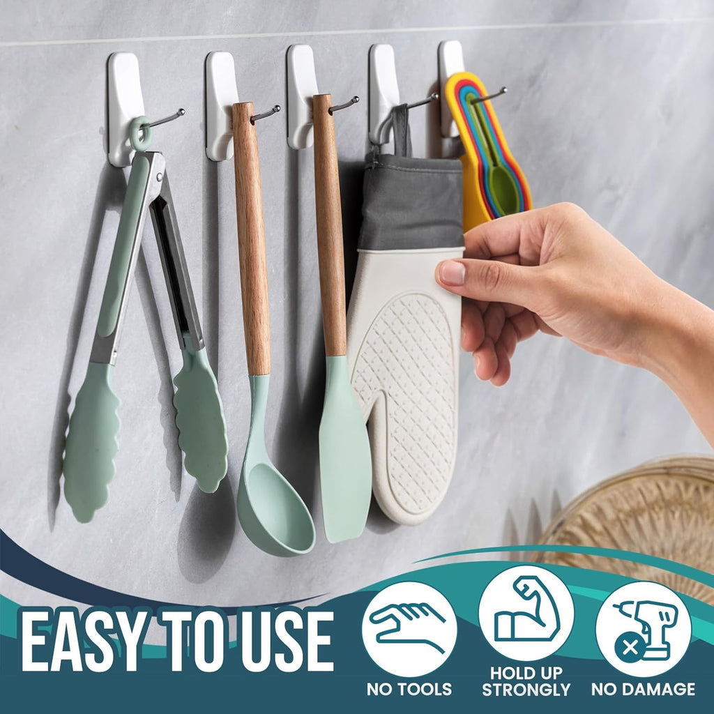 TAILI Heavy-Duty Hooks for Hanging | No-Damage White Utility Hooks with 8 Adhesive Strips | Removable & Reusable, Holds Up to 3 lb