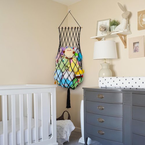Stuffed Animal Storage Net, 68 Inch Jumbo Macrame Vertical Stuffed Animals Hammock Corner, Wall Ceiling Hanging Stuffy Hammock Plushie Holder Display for Kid Boy Girl Gift Boho Nursery Decor (Black)