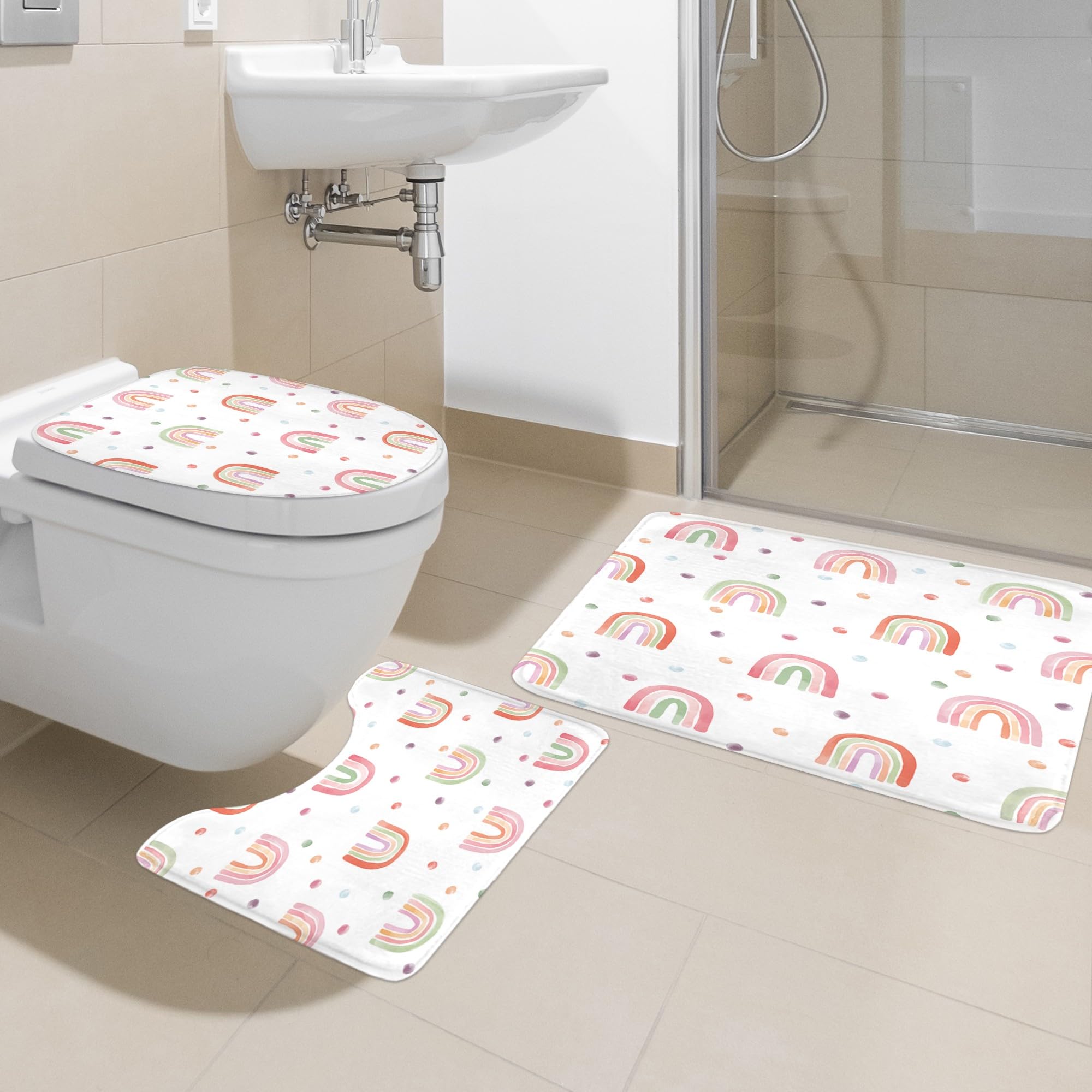 Ufeela 4 PCS Kids Girls Rainbow Shower Curtain Set 72Wx72H Inch, Bathroom Rug, Toilet Lid Cover, U Shape Mat, Boho Cute Pink Bathroom Set Nonslip Quick Dry Dirt Resistant Accessories Bathroom Decors