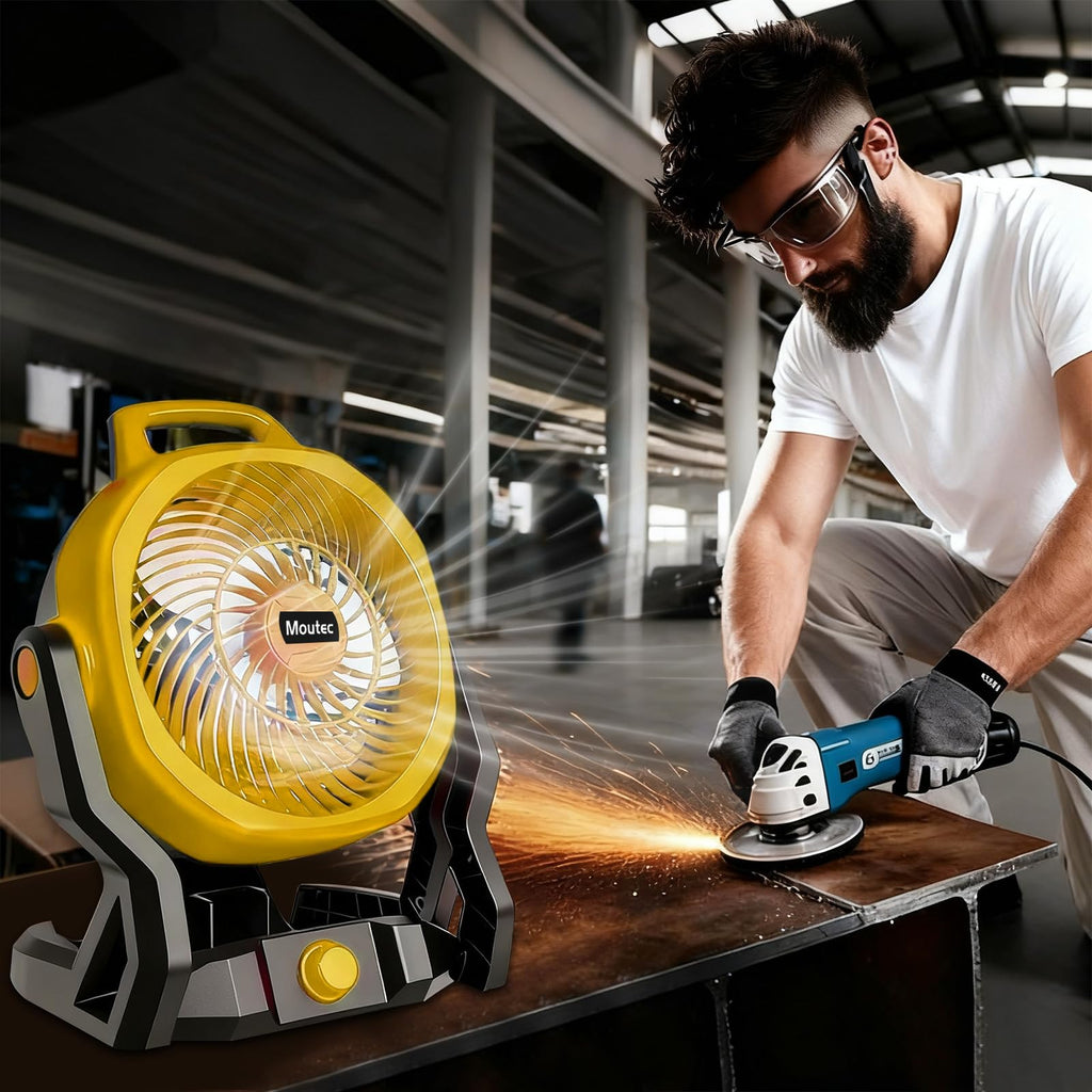 Moutec Battery Powered Fan, Cordless Jobsite Fan Compatible with DeWalt 20V & AC (adapter included). 650 CFM variable speed — for workshop, outdoor, camping. (Battery Not Included)