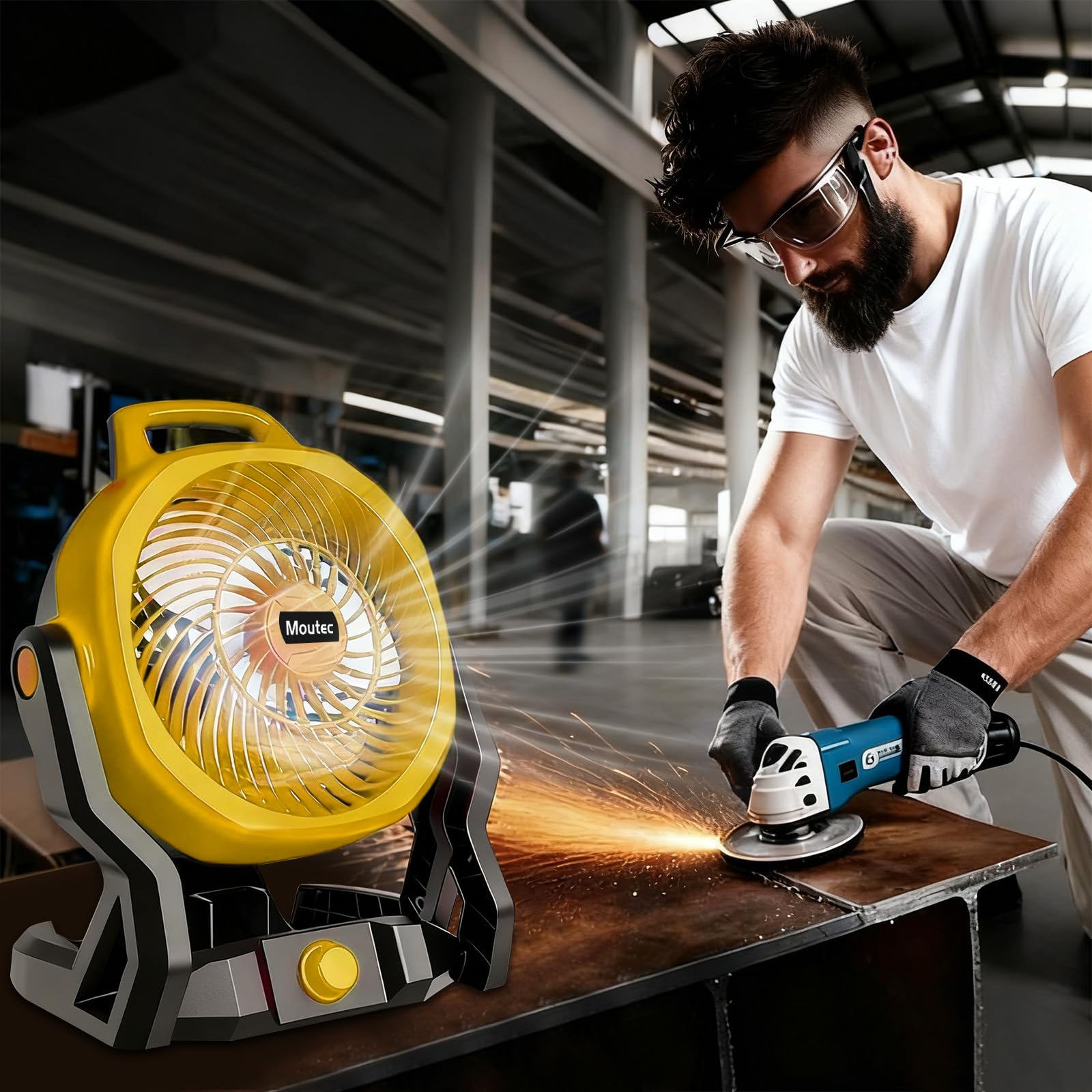 Moutec Battery Powered Fan, Cordless Jobsite Fan Compatible with DeWalt 20V & AC (adapter included). 650 CFM variable speed — for workshop, outdoor, camping. (Battery Not Included)