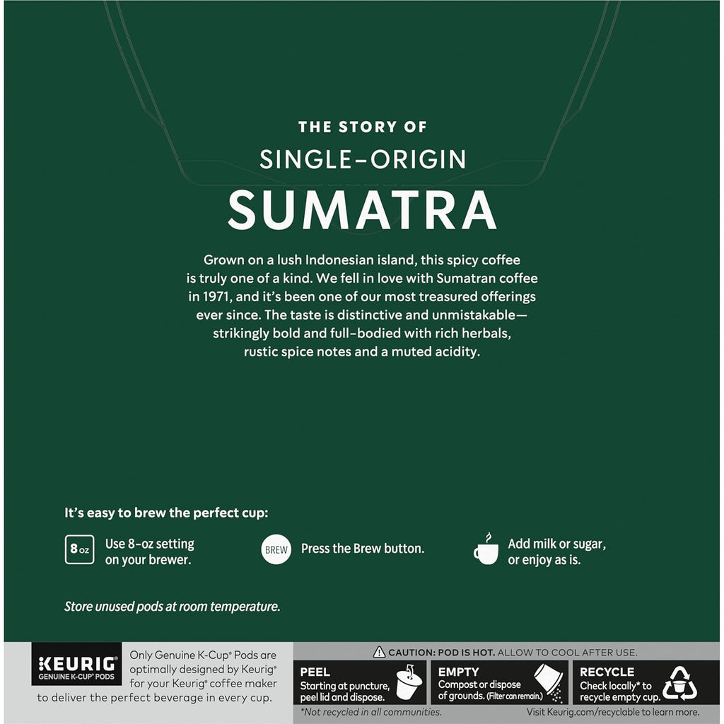 Starbucks K-Cup Pods - Sumatra Single-Origin Dark Roast Coffee | 32 Count (Pack of 4)