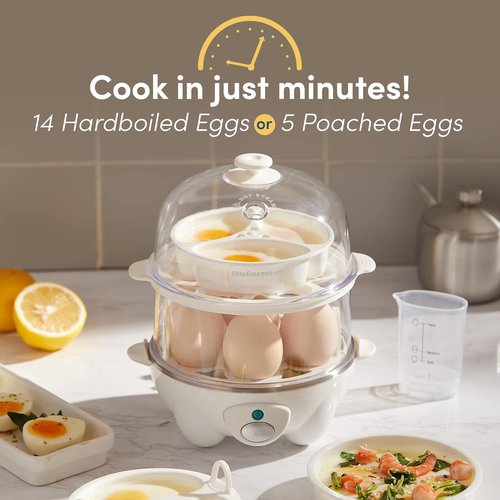 Elite Gourmet 2-Tiered Egg Cooker - Rapid 5-Egg Poacher for Soft, Medium, Hard-Boiled Eggs | BPA Free, White