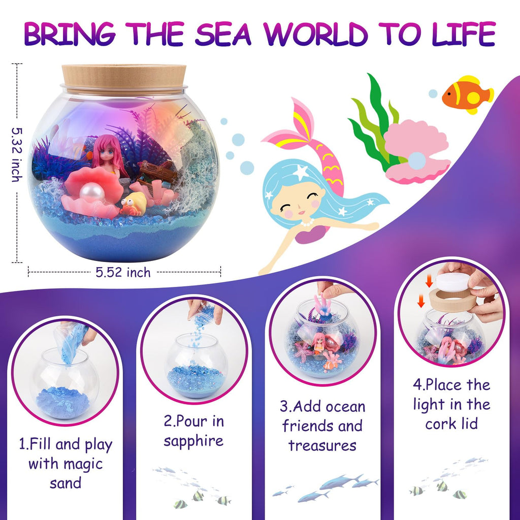 Mileonaim Mermaid Terrarium Kit for Kids - LED Night Light with Remote, DIY Arts and Crafts Birthday Gifts, Mermaid Gifts for Girls Ages 6-12