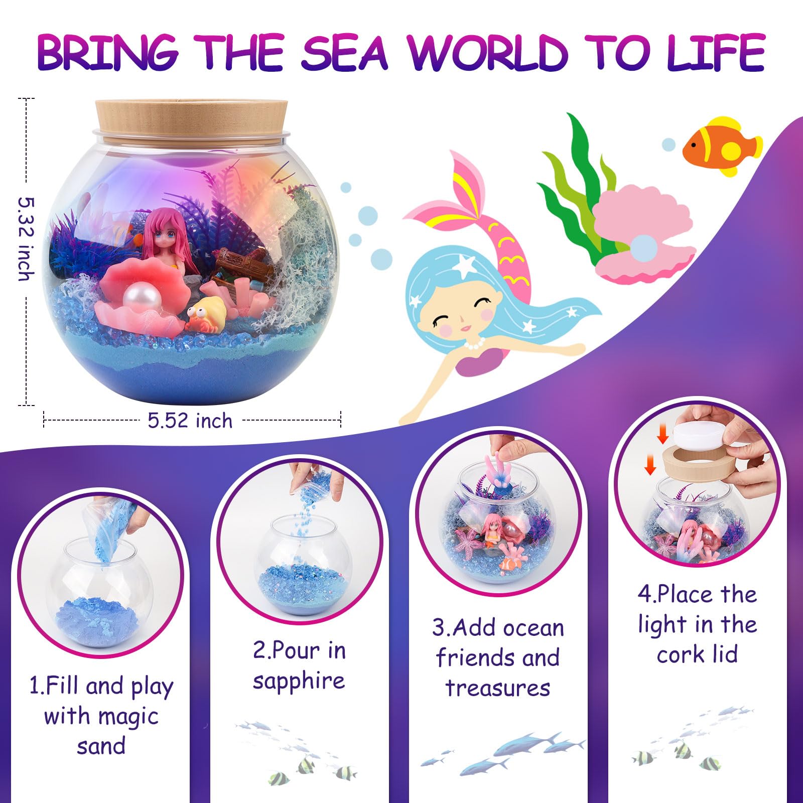 Mileonaim Mermaid Terrarium Kit for Kids - LED Night Light with Remote, DIY Arts and Crafts Birthday Gifts, Mermaid Gifts for Girls Ages 6-12