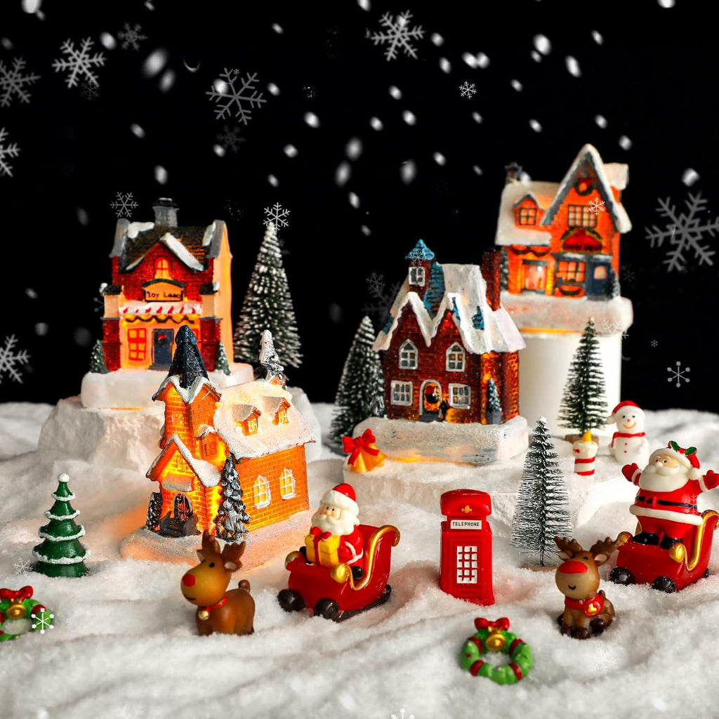 Skiennix 24-Piece Christmas Village Set - LED Light-Up Houses & Figurines for Festive Home Decor