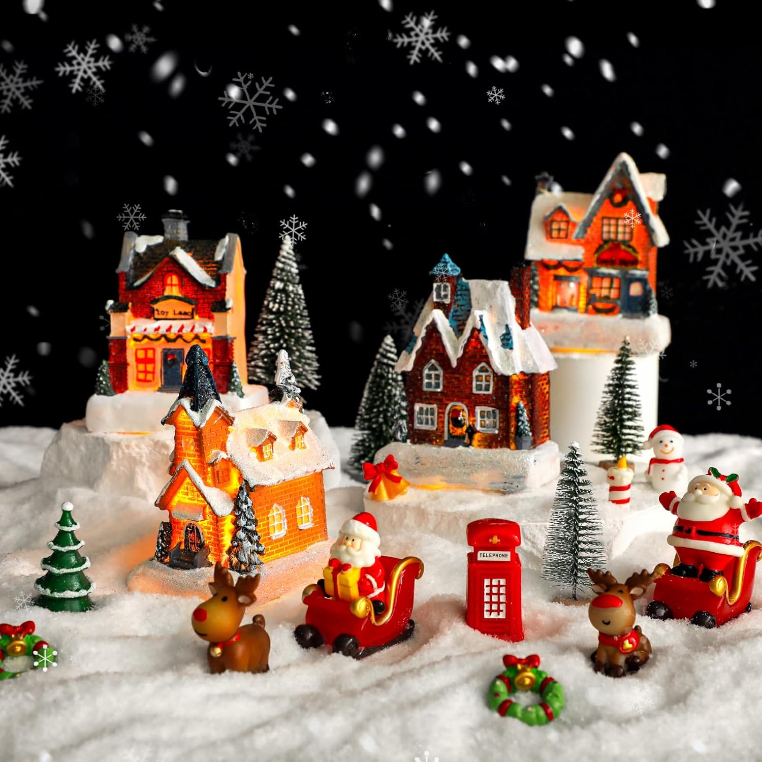 Skiennix 24-Piece Christmas Village Set - LED Light-Up Houses & Figurines for Festive Home Decor