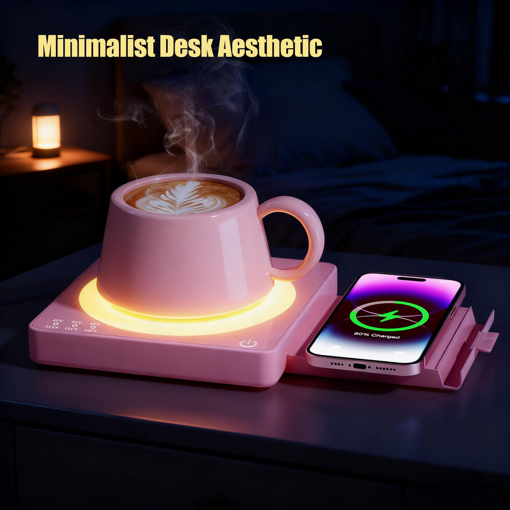 Mug Warmer with 15W Wireless Charger, Aesthetic Desktop Accessory with Night Light & Phone Stand, Ideal Office Tech Gift for Women, Girlfriend, Boss, Her, 3 Temp Coffee Warmer for Desk - Rose Pink
