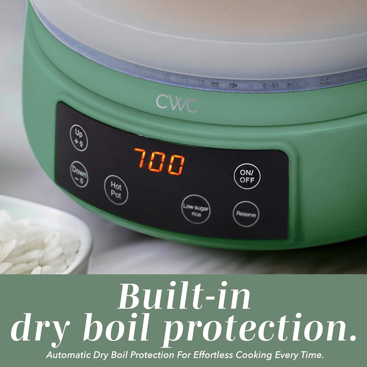 Cook With Color 3L Glass Mini Low Carb Rice Cooker - Auto Lift Filter Basket & Steamer, Dark Sage