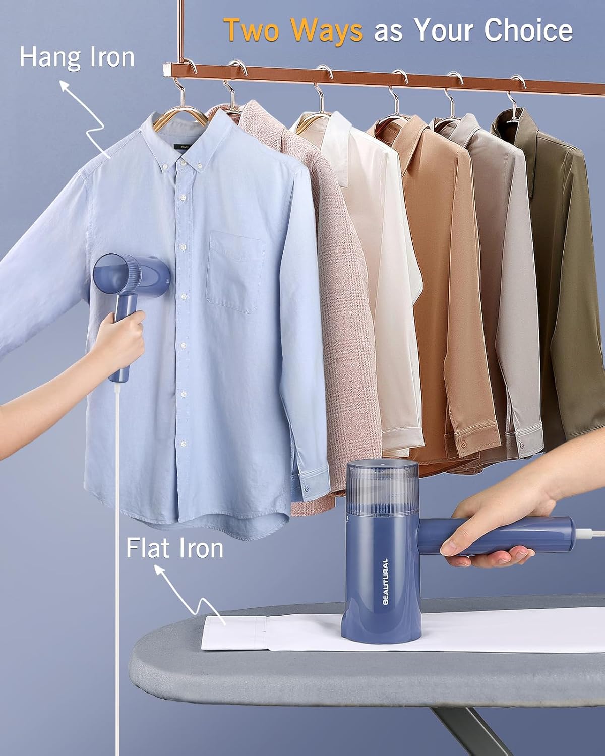 Beautural Portable Clothes Steamer - Fast 30s Heat-Up, Handheld & Foldable Design, Blue