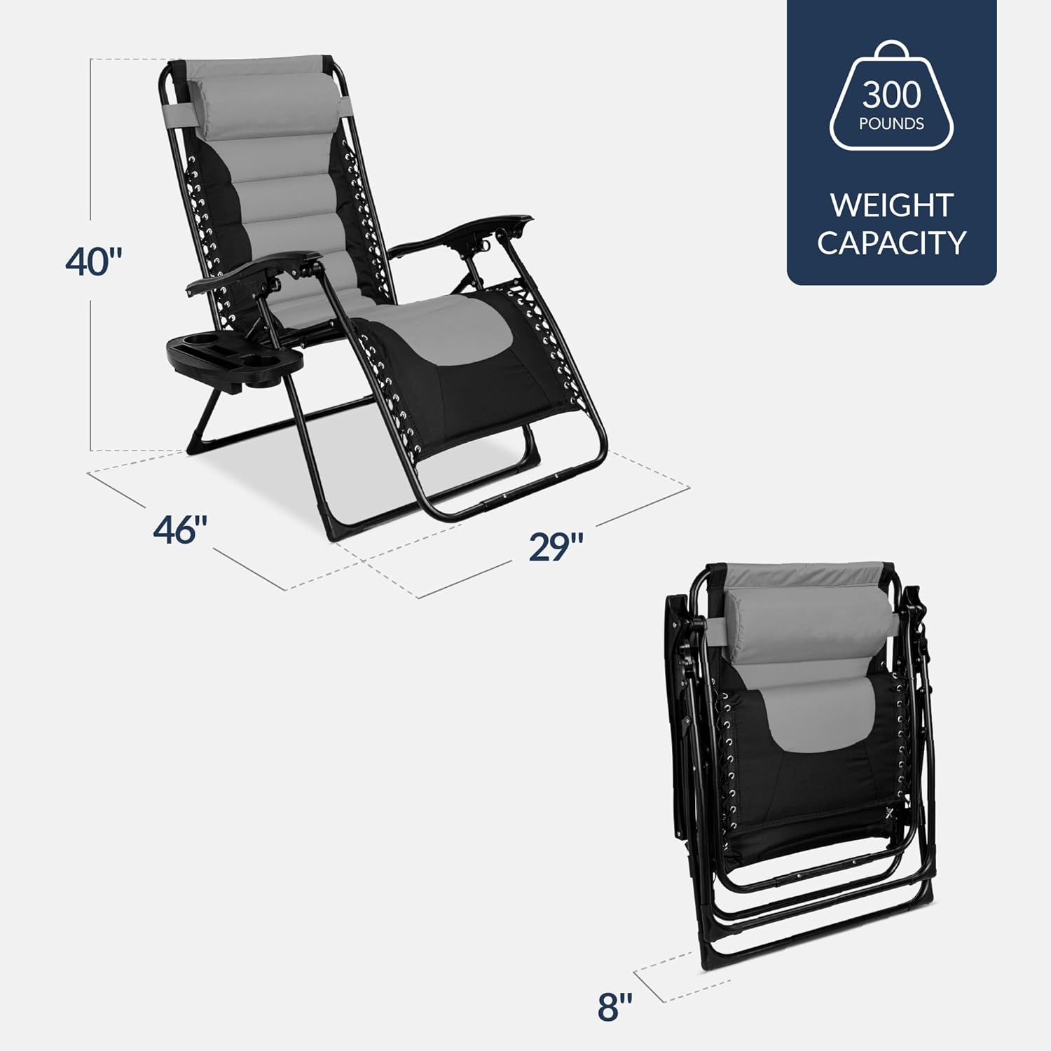 Best Choice Products Oversized Padded Zero Gravity Chair - XL Outdoor Recliner with Headrest & Cup Holder | Gray