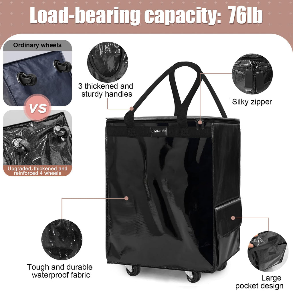 CIMAZHEN (Medium,Black) Reusable Grocery Bag on 4 Wheels, Foldable Rolling Tote Bag with 3 Handles and Zipper, Storage Organizer for Groceries, Rolling Shopping Cart for Travel, 76lb