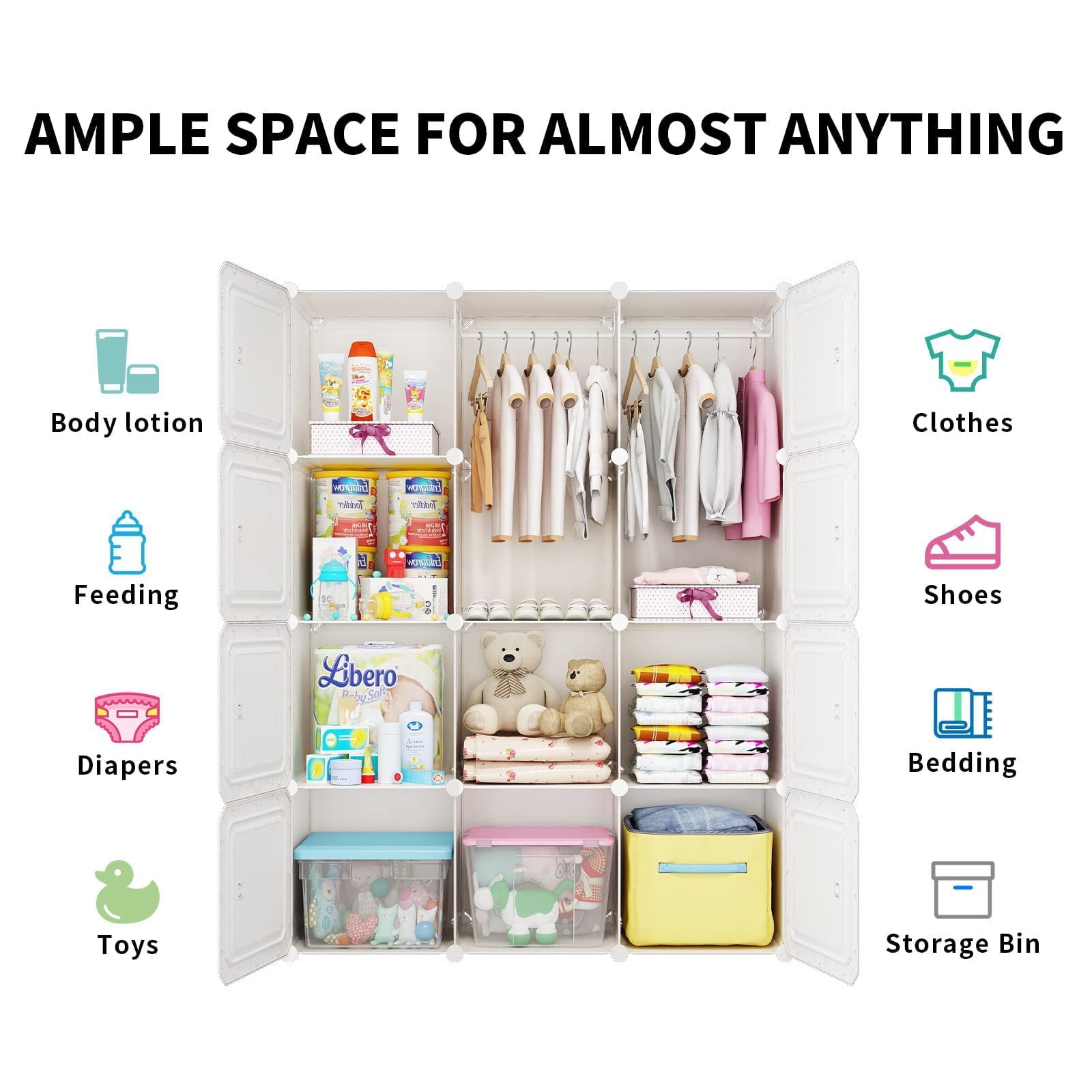 MAGINELS Kids Wardrobe Closet,Baby Closet Cabinet with Door.Baby Girls Armoires Organizer for Bedroom.Two Open Hanging Children Costume Area and 8 Cube Stroage.Pink(42x14x56inch)
