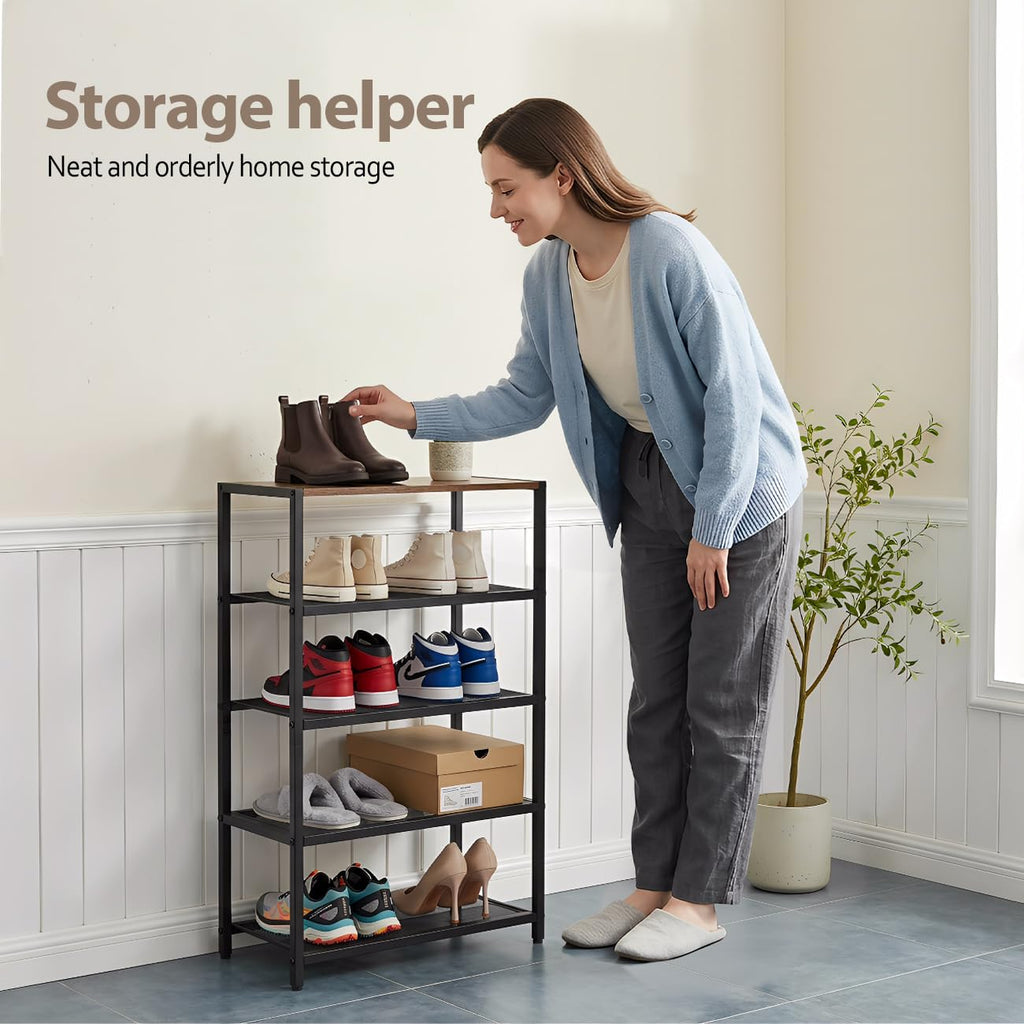 RUNJIMY Narrow Shoe Rack for Front Door Entrance, Entryway, and Closet Shoe Organizer with 4 Sturdy Metal Mesh Shelves and Wooden Top, Holds 10 Pairs, Ideal for Storage or Display